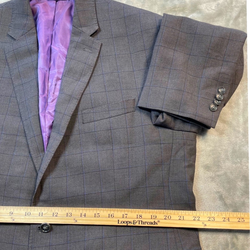 Sean John Mens 44L Blazer Charcoal Indigo Windowpane Purple Lining Suit Jacket - Picture 12 of 14